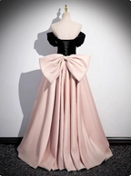 Princess Black & Pink Panel A-Line Off-The-Shoulder Bow Velvet Satin Long Prom Dresses Evening Dresses