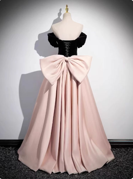 Princess Black & Pink Panel A-Line Off-The-Shoulder Bow Velvet Satin Long Prom Dresses Evening Dresses