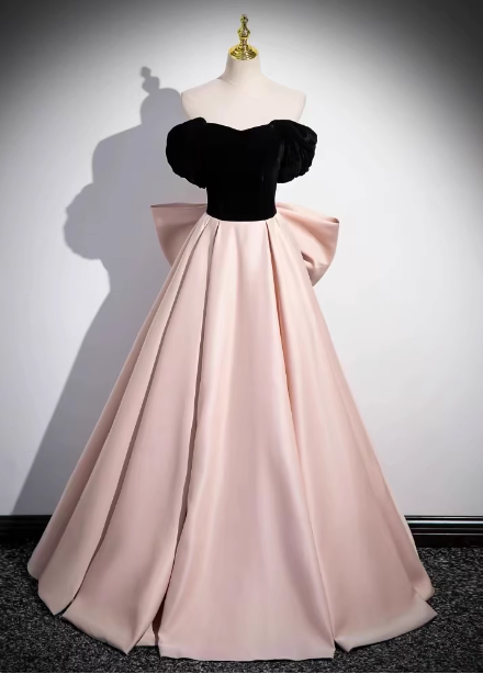 Princess Black & Pink Panel A-Line Off-The-Shoulder Bow Velvet Satin Long Prom Dresses Evening Dresses