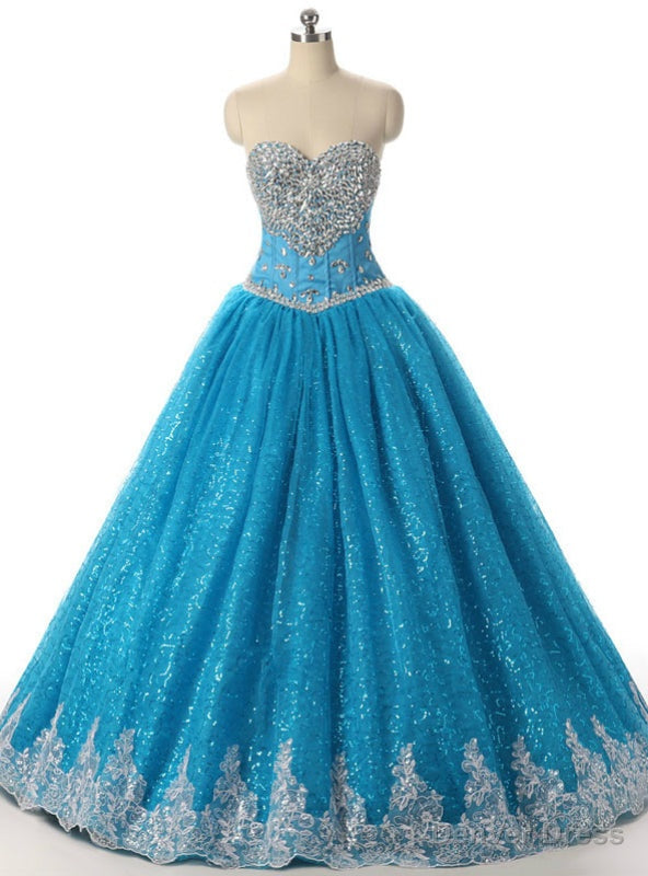Princess Blue Ball Gown Tulle Sweetheart Neck Crystal Quinceanera Dresses Main image
