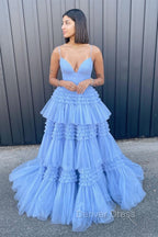 Princess Blue Tiered Layers Tulle Long Prom Dress