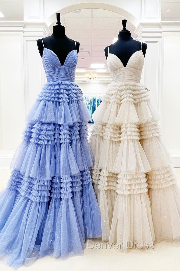 Princess Blue Tiered Layers Tulle Long Prom Dress