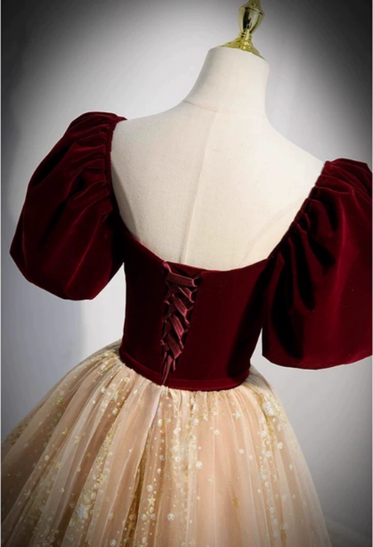 Princess Burgundy & Champagne Gold Panel A-Line Short Sleeve Tulle Long Prom Dresses Evening Dresses Secondary image
