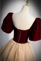 Princess Burgundy & Champagne Gold Panel A-Line Short Sleeve Tulle Long Prom Dresses Evening Dresses