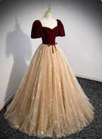 Princess Burgundy & Champagne Gold Panel A-Line Short Sleeve Tulle Long Prom Dresses Evening Dresses