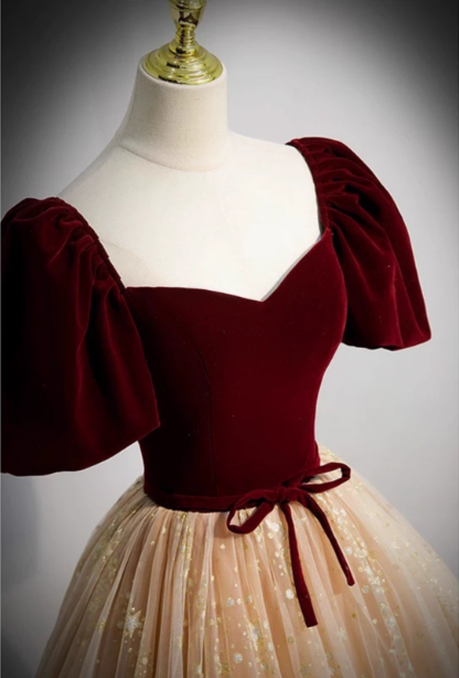 Princess Burgundy & Champagne Gold Panel A-Line Short Sleeve Tulle Long Prom Dresses Evening Dresses