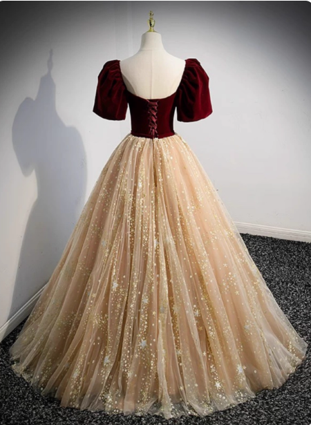 Princess Burgundy & Champagne Gold Panel A-Line Short Sleeve Tulle Long Prom Dresses Evening Dresses