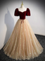 Princess Burgundy & Champagne Gold Panel A-Line Short Sleeve Tulle Long Prom Dresses Evening Dresses