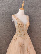 Princess Champagne A-Line V-Neck Sleeveless Sequin Beaded Tulle Long Prom Dresses Evening Dresses