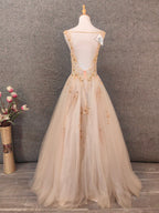 Princess Champagne A-Line V-Neck Sleeveless Sequin Beaded Tulle Long Prom Dresses Evening Dresses
