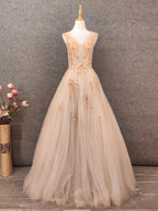 Princess Champagne A-Line V-Neck Sleeveless Sequin Beaded Tulle Long Prom Dresses Evening Dresses
