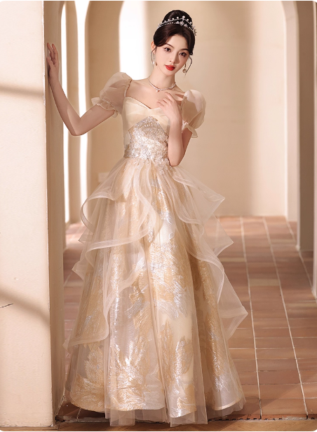 Princess Champagne Gold A-Line Embroidered Tulle Long Prom Dresses Evening Dresses Secondary image