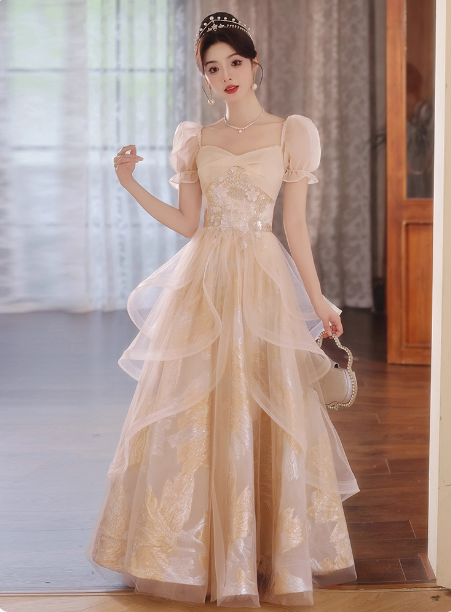 Princess Champagne Gold A-Line Embroidered Tulle Long Prom Dresses Evening Dresses