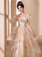 Princess Champagne Gold A-Line Embroidered Tulle Long Prom Dresses Evening Dresses
