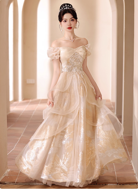 Princess Champagne Gold A-Line Embroidered Tulle Long Prom Dresses Evening Dresses