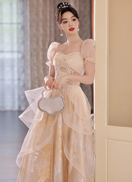 Princess Champagne Gold A-Line Embroidered Tulle Long Prom Dresses Evening Dresses