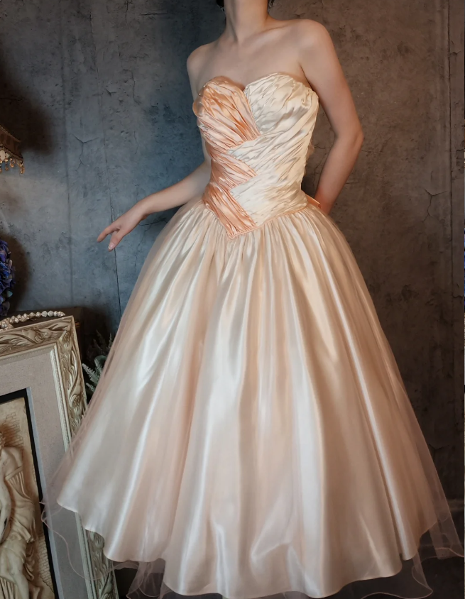 Princess Champagne Pink A-Line Sweet Bow Satin Prom Dresses Evening Dresses Sweet 16 Dresses
