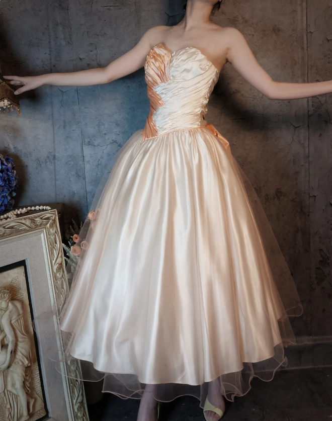 Princess Champagne Pink A-Line Sweet Bow Satin Prom Dresses Evening Dresses Sweet 16 Dresses