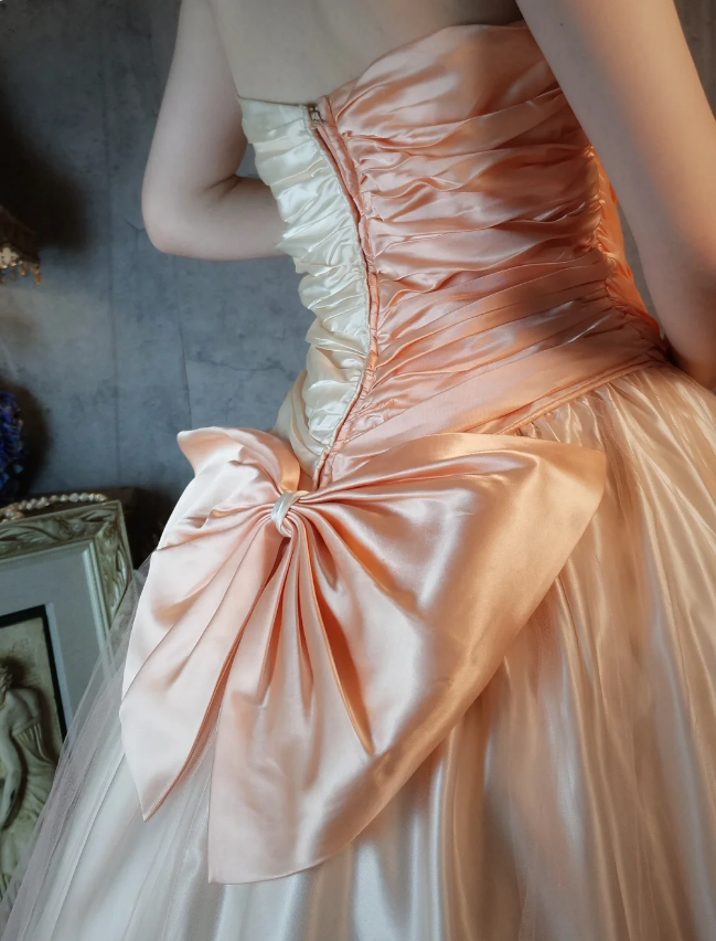 Princess Champagne Pink A-Line Sweet Bow Satin Prom Dresses Evening Dresses Sweet 16 Dresses