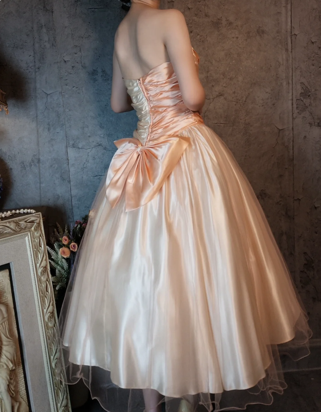 Princess Champagne Pink A-Line Sweet Bow Satin Prom Dresses Evening Dresses Sweet 16 Dresses