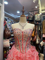 Princess Coral Pink Heart-Shaped Neckline Rhinestone-Embellished Short Prom Dresses Evening Dresses