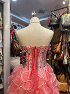 Princess Coral Pink Heart-Shaped Neckline Rhinestone-Embellished Short Prom Dresses Evening Dresses