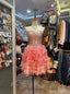 Princess Coral Pink Heart-Shaped Neckline Rhinestone-Embellished Short Prom Dresses Evening Dresses