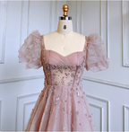 Princess Dreamy Pink A-Line Square Neck Puff Sleeve Beaded Tulle Long Prom Dresses Evening Dresses