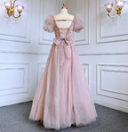 Princess Dreamy Pink A-Line Square Neck Puff Sleeve Beaded Tulle Long Prom Dresses Evening Dresses