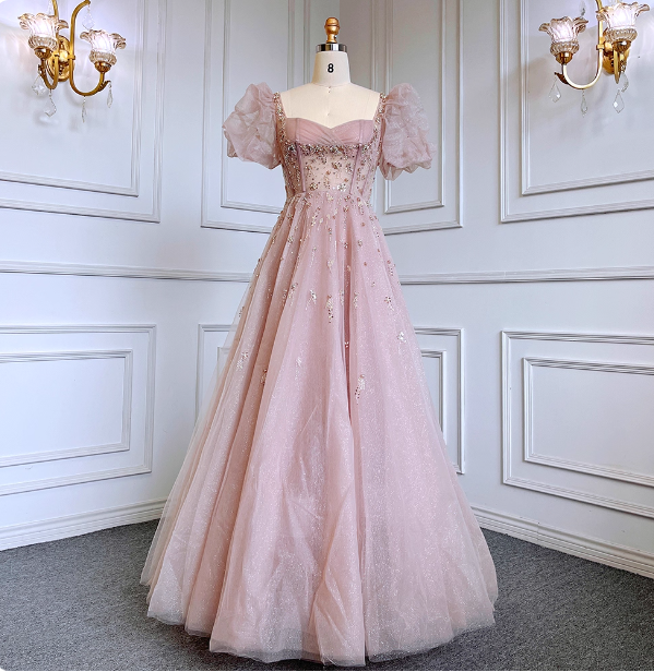 Princess Dreamy Pink A-Line Square Neck Puff Sleeve Beaded Tulle Long Prom Dresses Evening Dresses