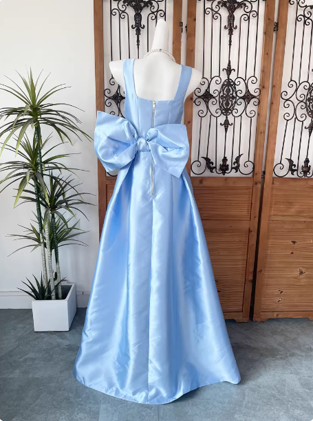 Princess Elegant Blue Square Neck Bow Satin Long Prom Dresses Evening Dresses Secondary image