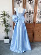 Princess Elegant Blue Square Neck Bow Satin Long Prom Dresses Evening Dresses
