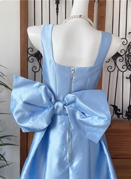 Princess Elegant Blue Square Neck Bow Satin Long Prom Dresses Evening Dresses