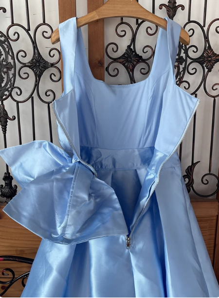 Princess Elegant Blue Square Neck Bow Satin Long Prom Dresses Evening Dresses