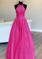Princess Halter Long/Floor-Length Lace Tulle Prom Dresses With Appliqued Beading
