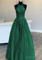 Princess Halter Long Floor Length Lace Tulle Prom Dresses With Appliqued Beading