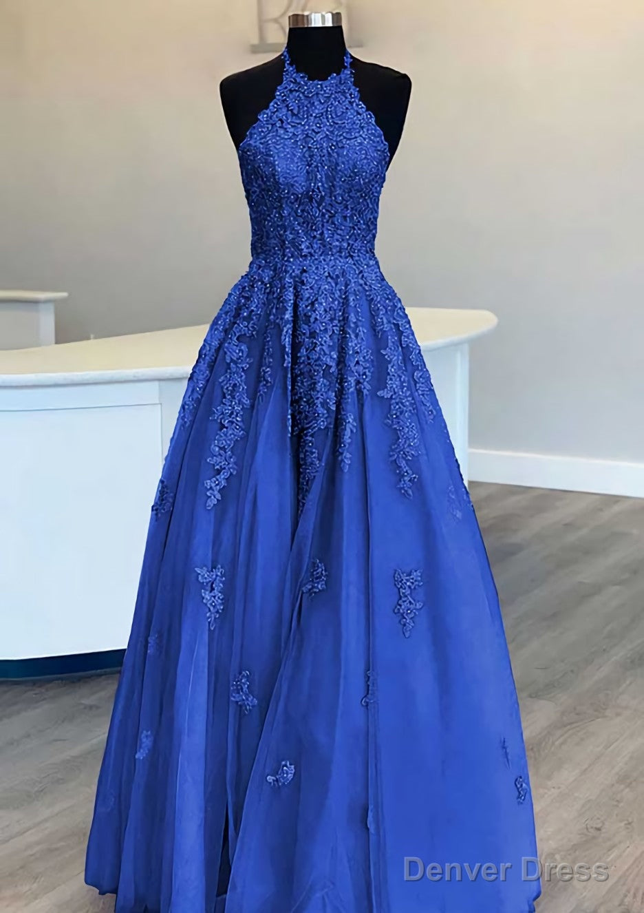Princess Halter Long Floor Length Lace Tulle Prom Dresses With Appliqued Beading