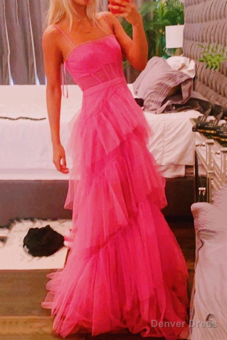 Princess Hot Pink Long Prom Dress Layered Tulle Sleeveless Corset Gowns,Prom Dresses