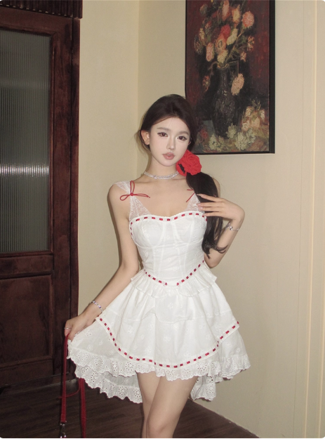 Princess Lace Stitching White Sling Waist Cake Birthday Skirt Homecoming Dresses