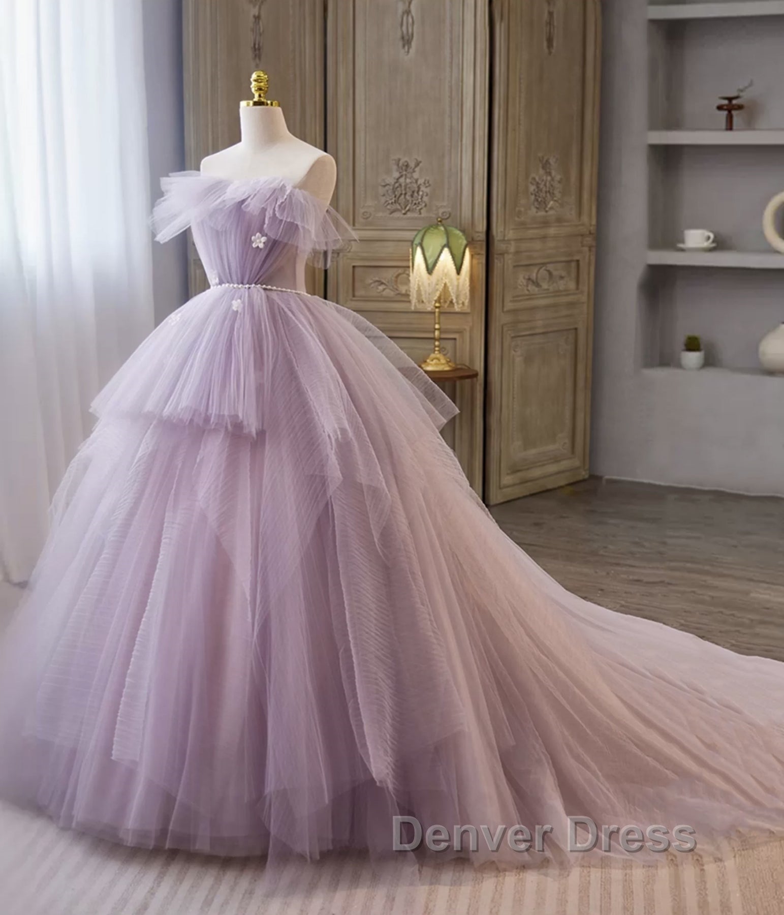 Princess Lavender Tulle Floral Long Prom Dress, Lavender Prom Dresses, Purple Ball Gowns