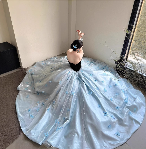 Princess Light Blue Sweetheart Neck 3D Butterfly Embellished Tulle Satin Long Prom Dresses Evening Dresses Secondary image
