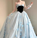 Princess Light Blue Sweetheart Neck 3D Butterfly Embellished Tulle Satin Long Prom Dresses Evening Dresses