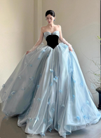 Princess Light Blue Sweetheart Neck 3D Butterfly Embellished Tulle Satin Long Prom Dresses Evening Dresses