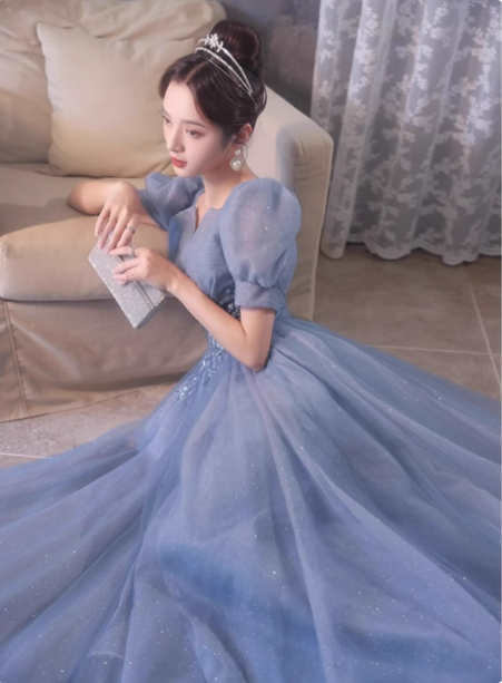 Princess Light Haze Blue Puff Sleeve A-Line Tulle Long Prom Dresses Evening Dresses Secondary image