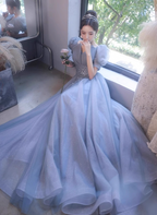 Princess Light Haze Blue Puff Sleeve A-Line Tulle Long Prom Dresses Evening Dresses