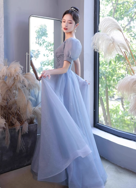 Princess Light Haze Blue Puff Sleeve A-Line Tulle Long Prom Dresses Evening Dresses