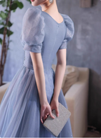 Princess Light Haze Blue Puff Sleeve A-Line Tulle Long Prom Dresses Evening Dresses