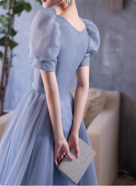 Princess Light Haze Blue Puff Sleeve A-Line Tulle Long Prom Dresses Evening Dresses