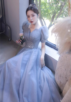 Princess Light Haze Blue Puff Sleeve A-Line Tulle Long Prom Dresses Evening Dresses