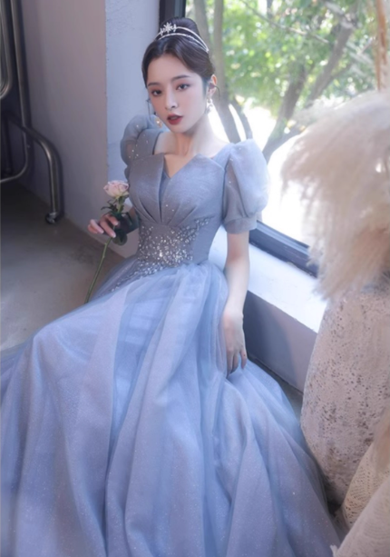 Princess Light Haze Blue Puff Sleeve A-Line Tulle Long Prom Dresses Evening Dresses